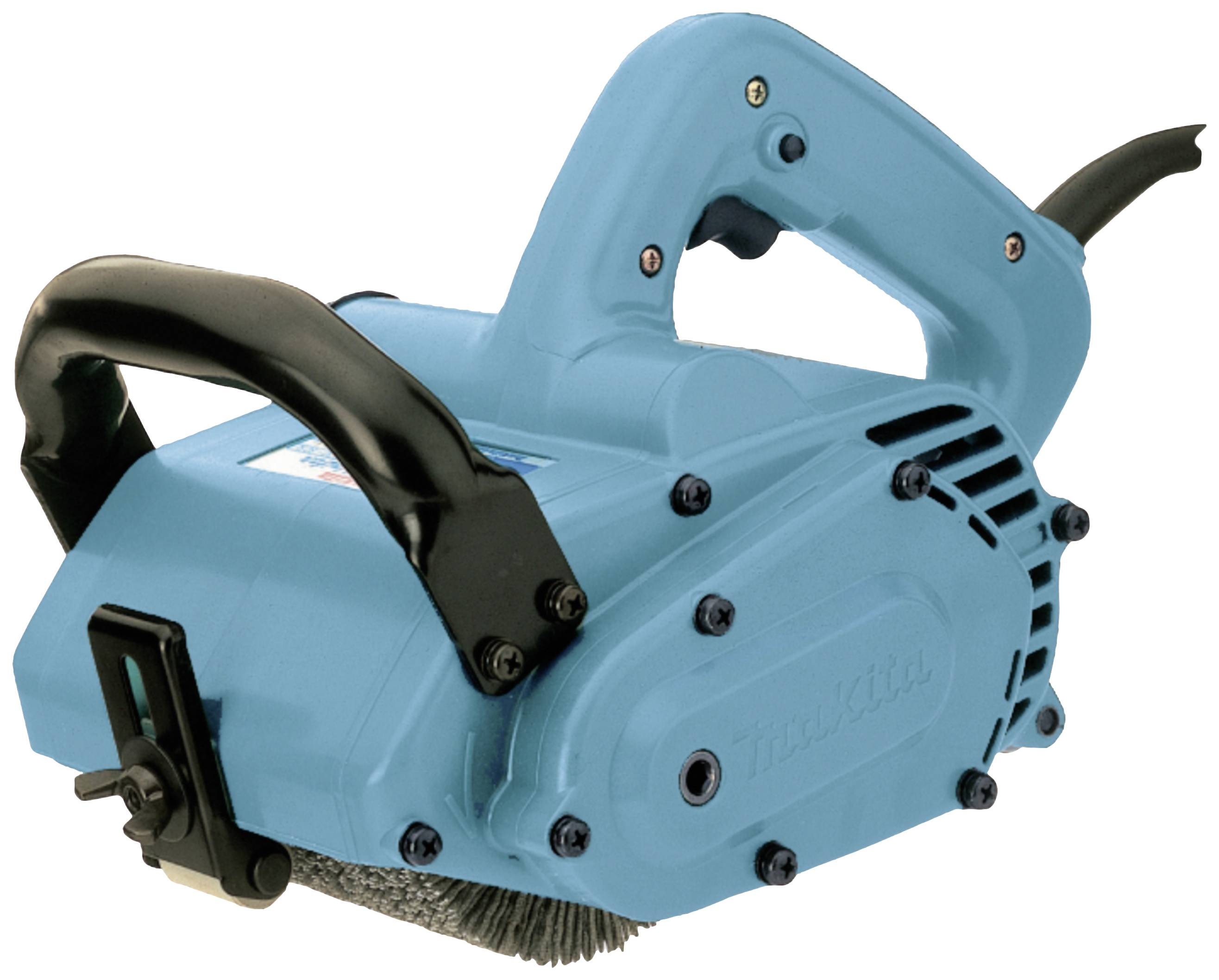 Une machine à main électrique bleue avec une poignée noire, adaptée pour le traitement de surfaces. Elle est équipée d'un rouleau de ponçage pour des travaux de polissage.