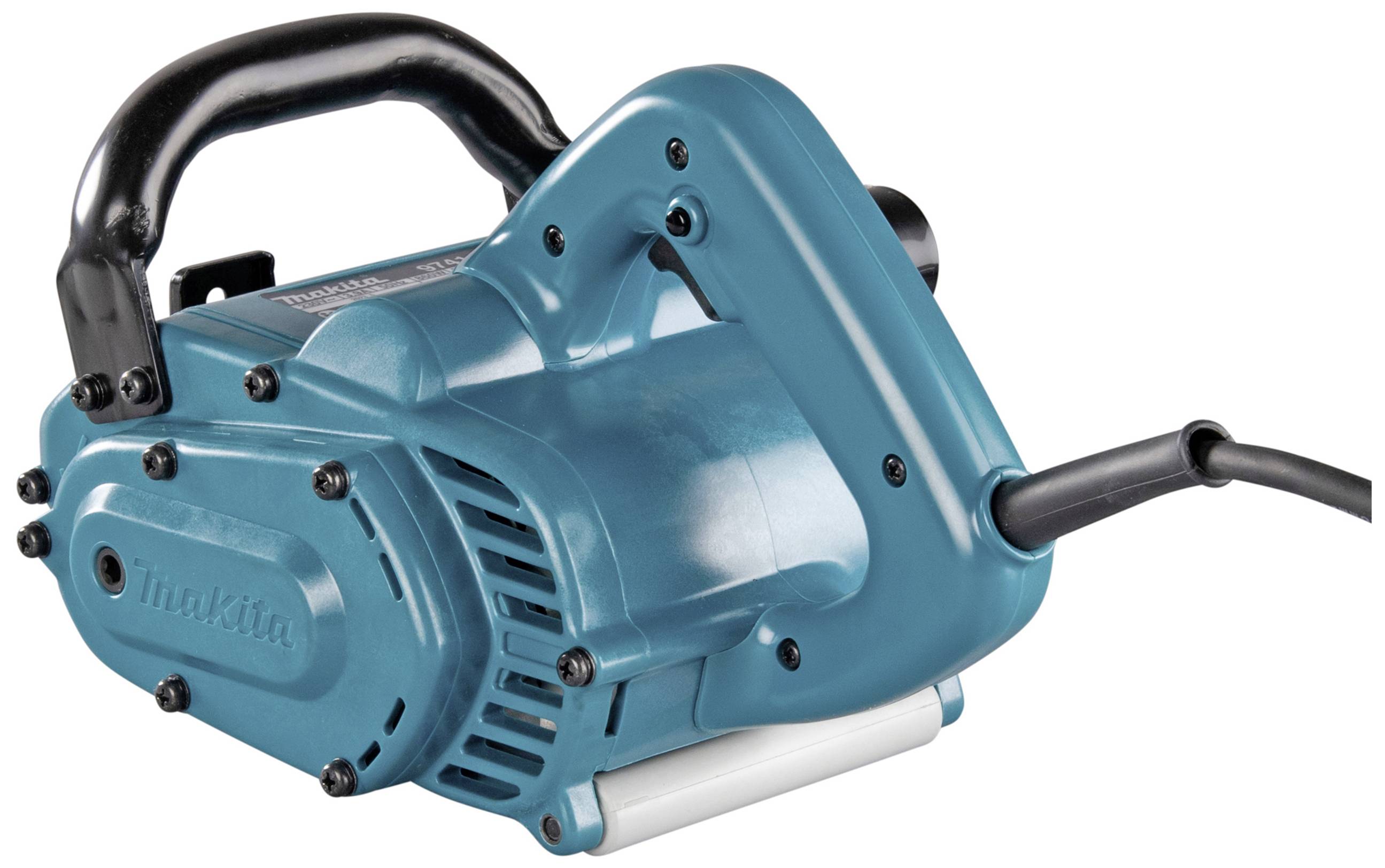 Outil électrique à main en bleu, design ergonomique avec poignée noire et connexion par câble, adapté aux travaux de construction ou de bricolage.