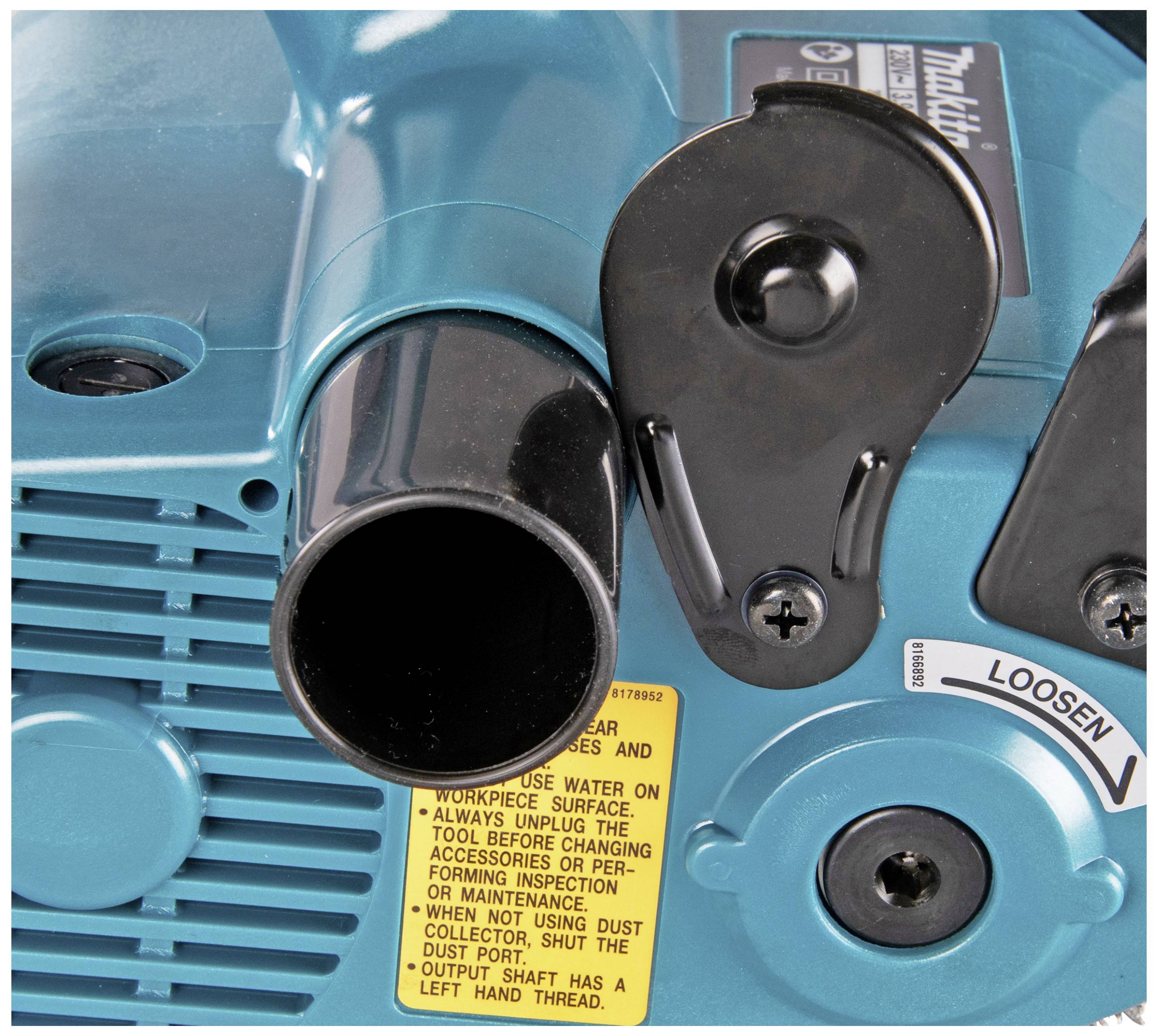 Un outil électrique avec un boîtier bleu et une valve d'échappement noire. Un panneau d'avertissement jaune donne des instructions de sécurité.