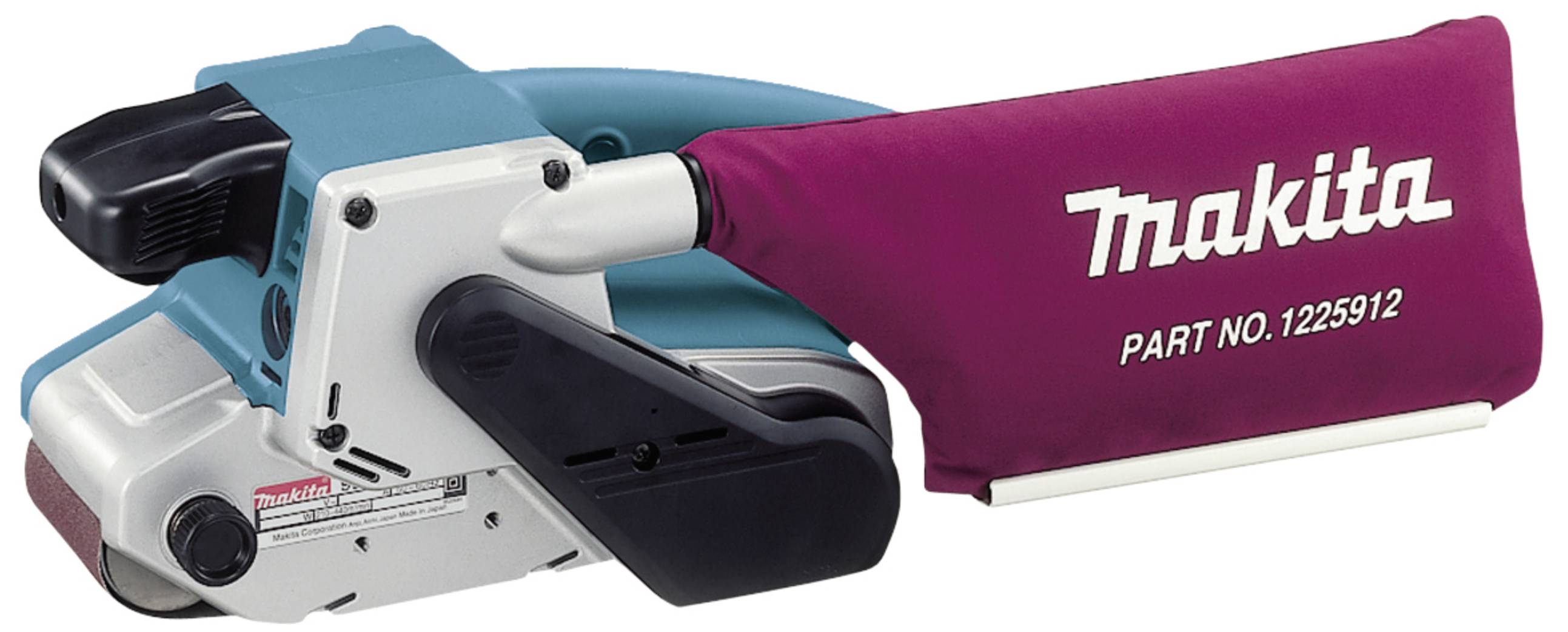 Ponceuse électrique verte avec sac à poussière de Makita, numéro de modèle 1225912. Outil pour le ponçage de surfaces.