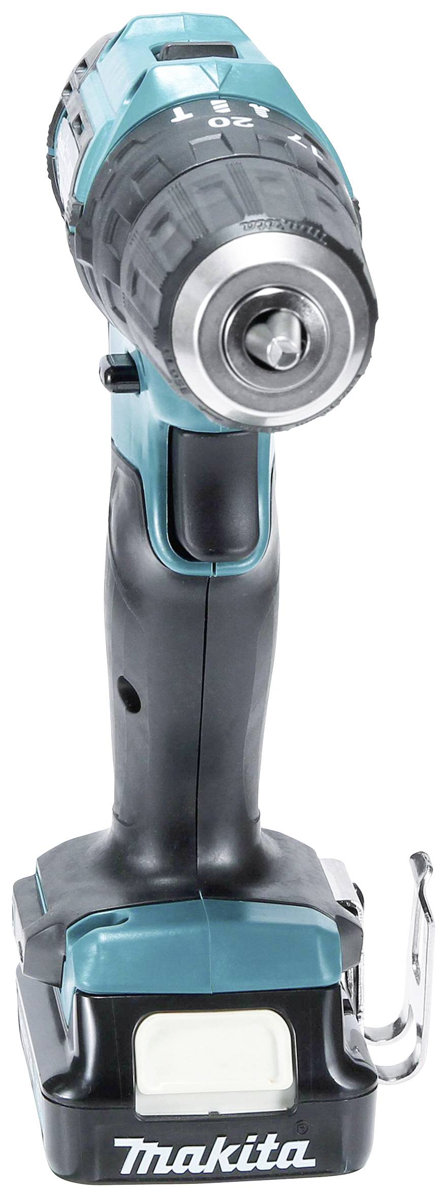 Un tournevis sans fil de la marque 'Makita' ci-dessous. Il dispose d'une poignée ergonomique et est conçu en noir et turquoise.