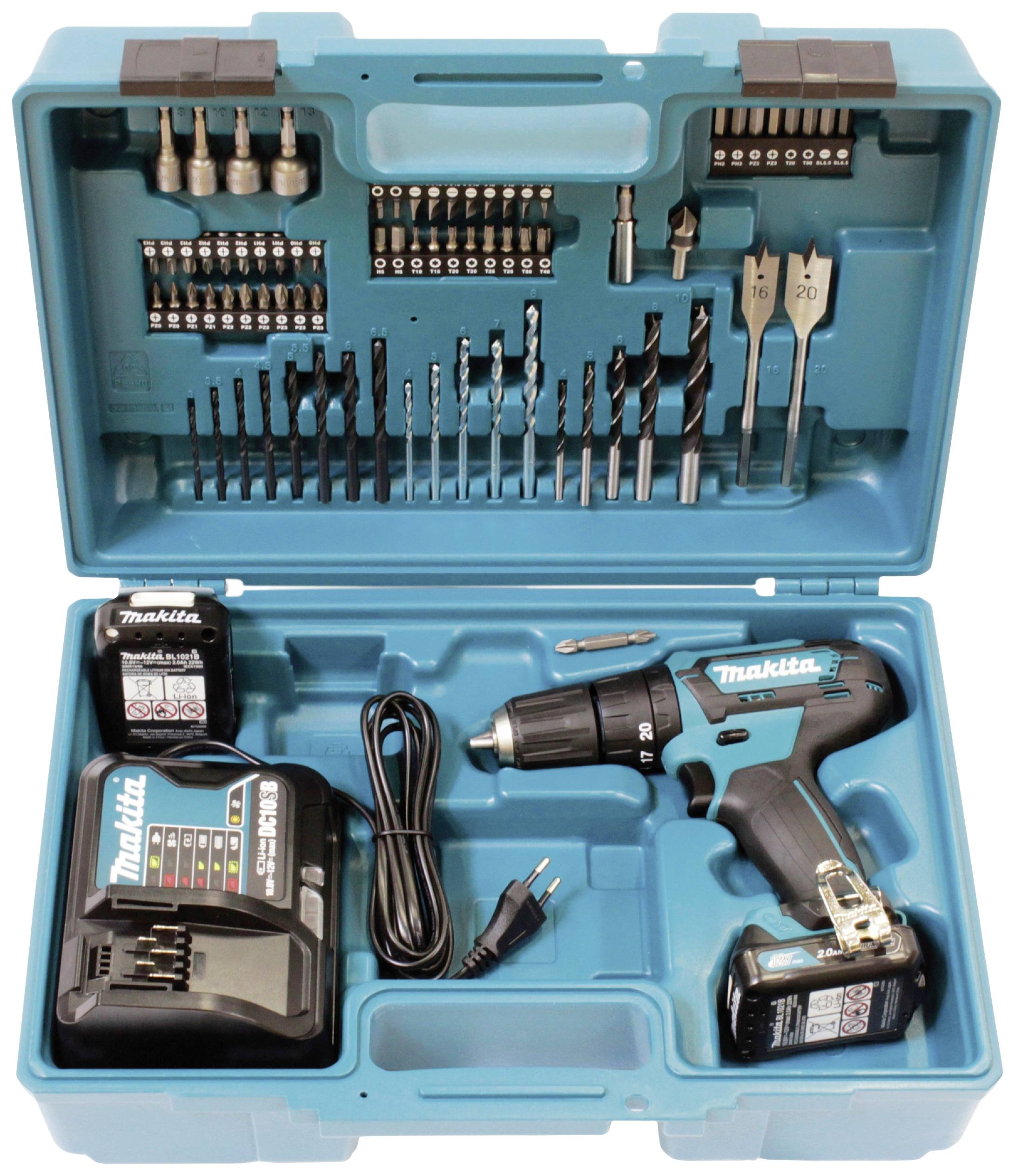 Coffret à outils bleu avec visseuse sans fil, perceuse, chargeur et accessoires. Comprend différents embouts de perçage et de vissage.