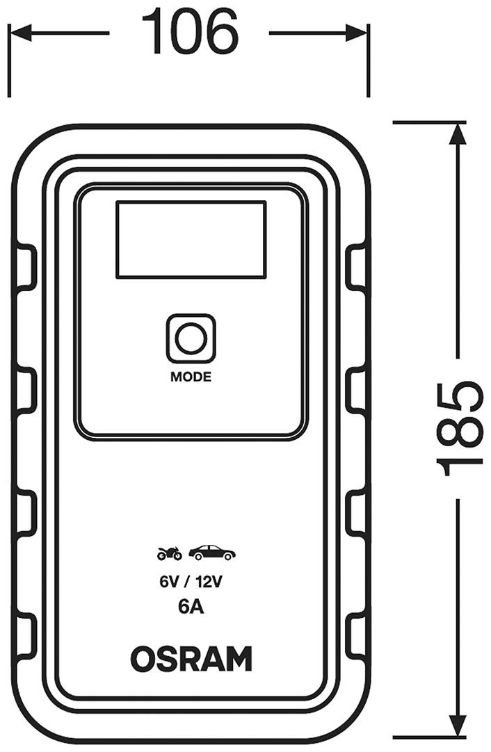 L'image montre un appareil OSRAM de charge de batterie avec 6V/12V et 6A. Dimensions : 106 mm de large et 185 mm de hauteur, avec des symboles de moto et de voiture.