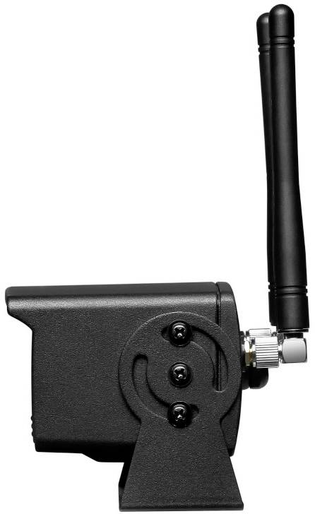 Caméra de surveillance noire à deux antennes, présentée de côté. Idéale pour la surveillance extérieure avec portée étendue.