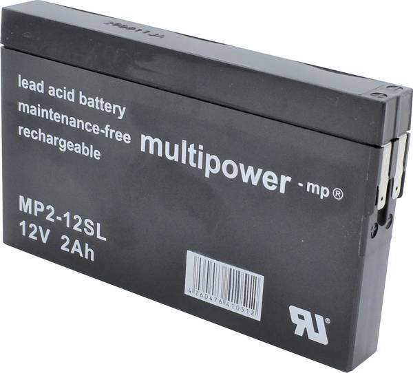 Batterie au plomb 12 V 2 Ah multipower MP2-12SL plomb (AGM) (l x H x P) 148 x 90 x 20 mm cosses plates 4,8 mm sans entretien, auto-décharge réduite