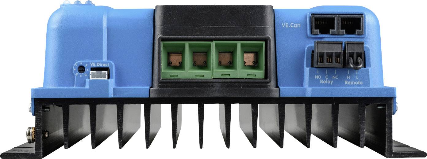 Un régulateur de charge électrique bleu avec des ailettes de refroidissement et plusieurs ports de connexion. Inscription 'VE.Direct' et commutateur de sélection de mode.