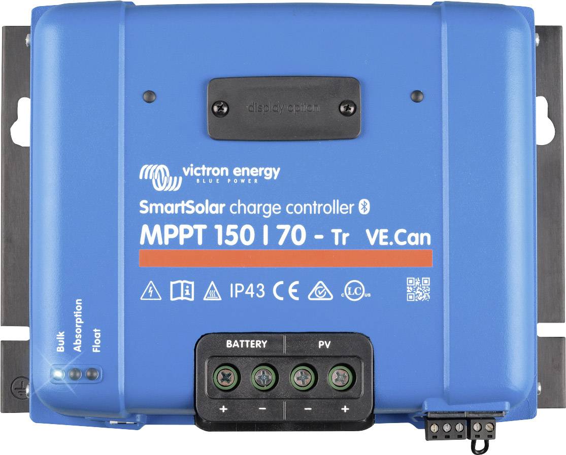 Régulateur de charge solaire en bleu avec l'inscription 'SmartSolar MPPT 150 | 70 - Tr VE.Can', classe de protection IP43, connexions pour batterie et PV.
