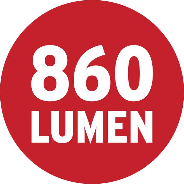 Cercle rouge avec texte blanc '860 LUMENS'.