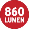 Cercle rouge avec texte blanc '860 LUMENS'.