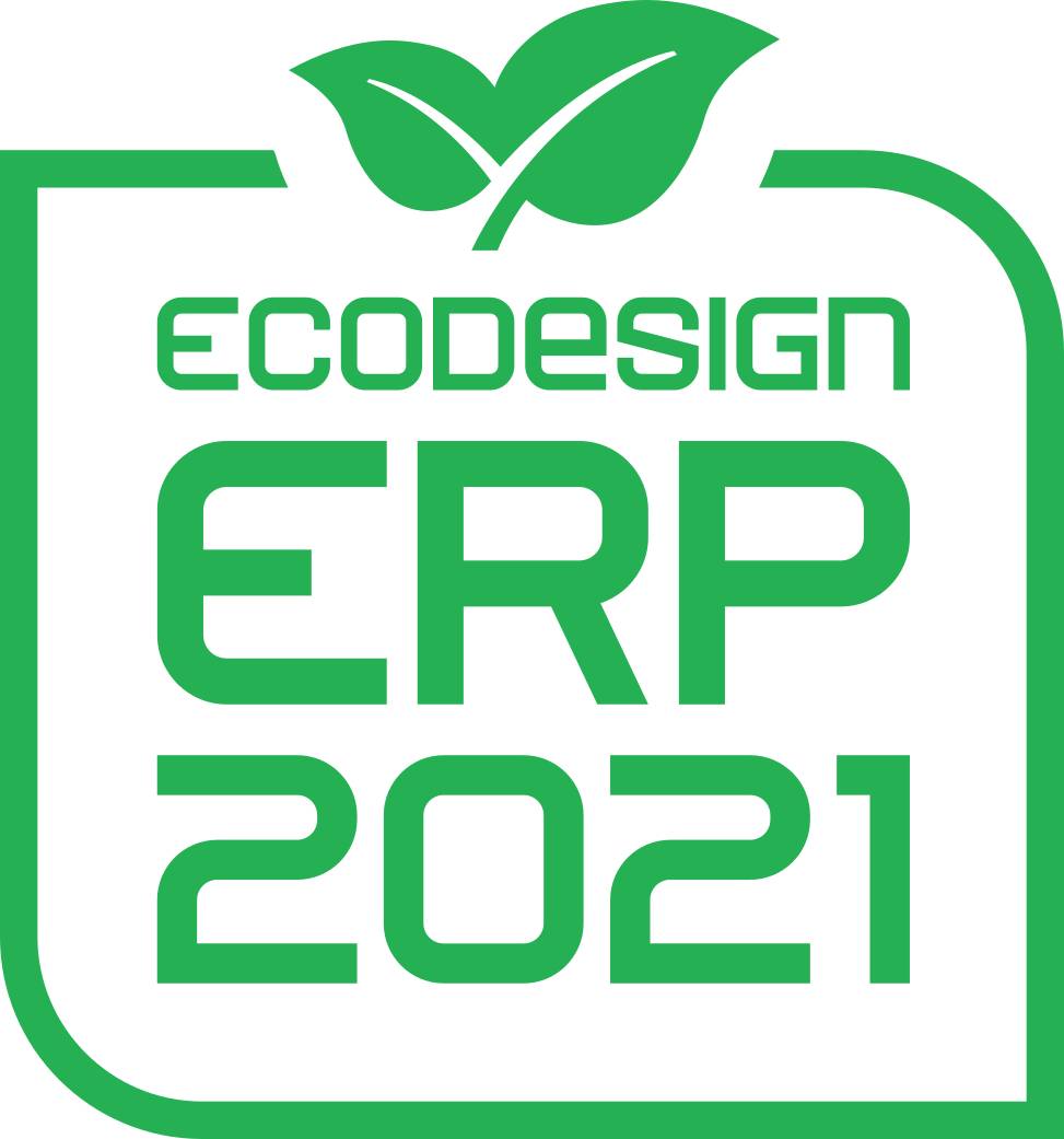 Logo vert portant l'inscription 'Ecodesign ERP 2021' avec un motif de feuille, symbolisant un design écologique et l'efficacité énergétique.