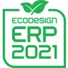 Logo vert portant l'inscription 'Ecodesign ERP 2021' avec un motif de feuille, symbolisant un design écologique et l'efficacité énergétique.