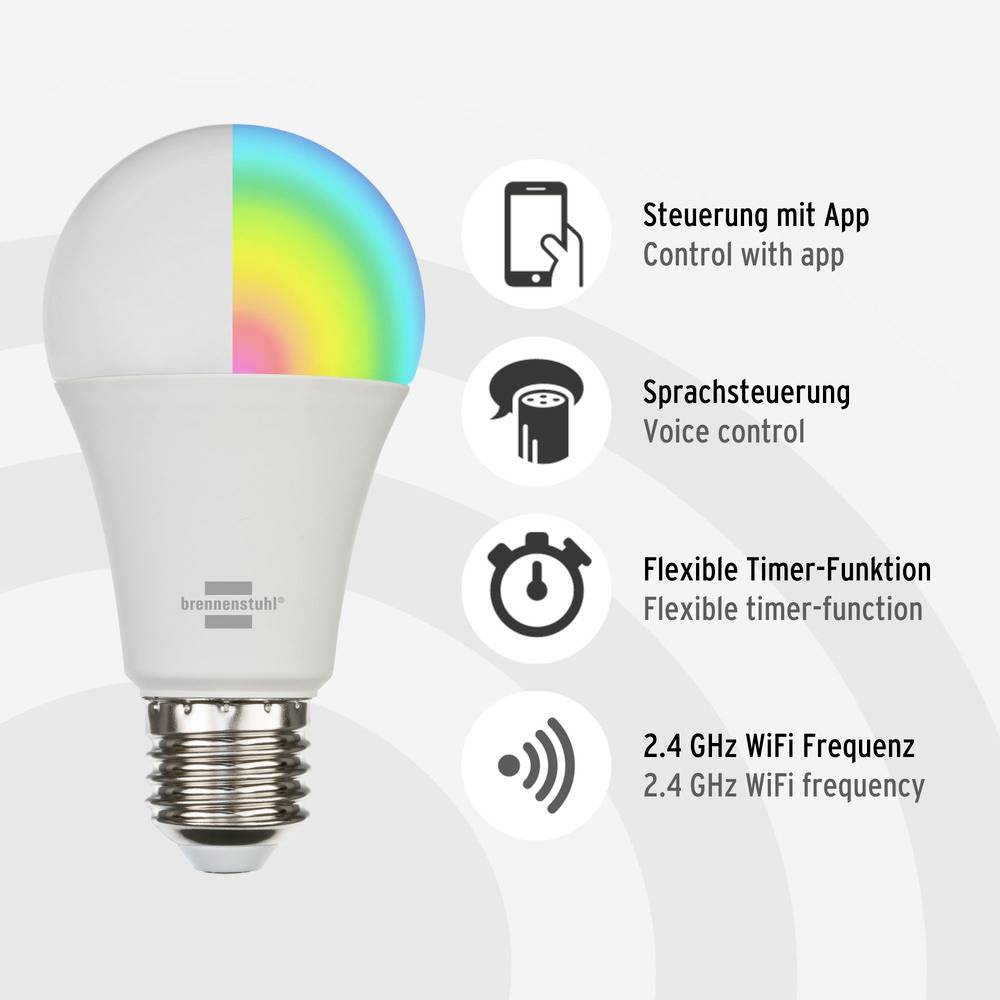 Ampoule intelligente : Contrôle via application, commande vocale, fonction minuterie et connexion WiFi 2,4 GHz en allemand et en anglais.