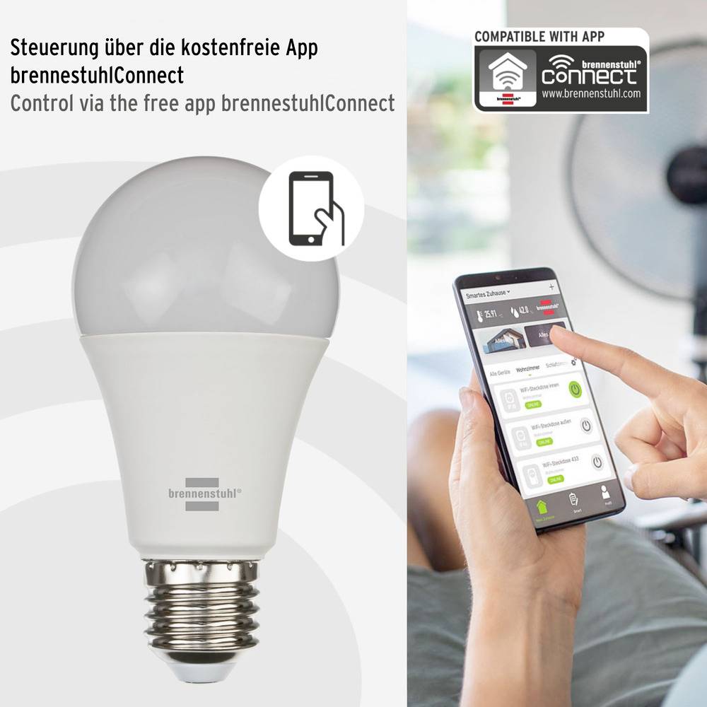 "Contrôle via l'application gratuite brennenstuhlConnect." Un téléphone portable affiche l'application avec des fonctions de commande pour une ampoule.