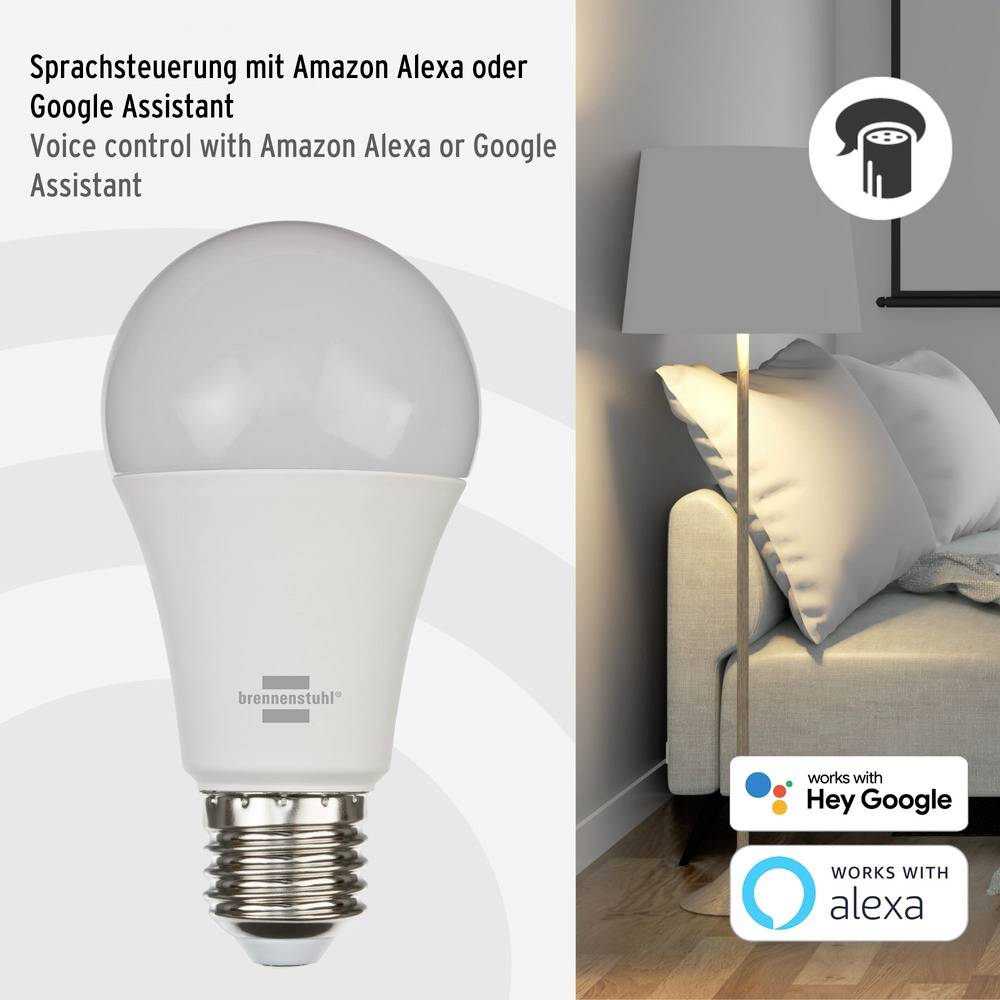 Ampoule à côté d'un canapé et d'une lampe. Texte : 'Commande vocale avec Amazon Alexa ou Google Assistant'. Logos d'Alexa et de Google Assistant.