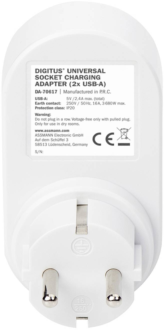 'Adaptateur universel de prise Weißer Digitus avec 2 ports USB-A. Caractéristiques techniques et consignes de sécurité au dos.'