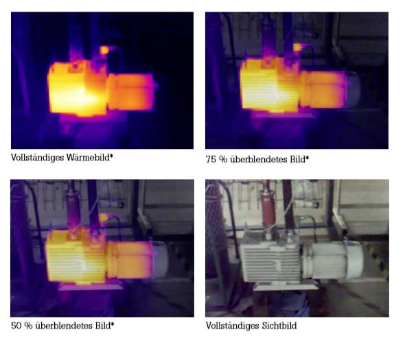 Quatre images montrent un appareil électrique sous différentes perspectives et avec différents recouvrements d'imagerie thermique.