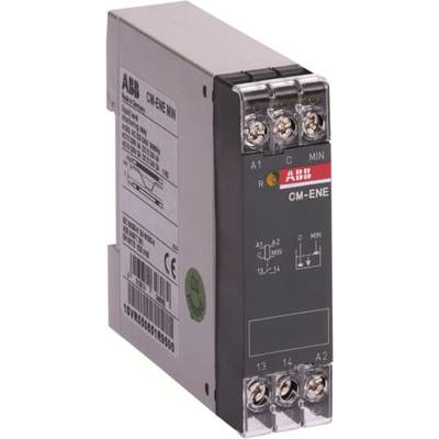 Relais de surveillance de tension monophasé d'ABB, modèle CM-ENE MIN, avec bornes de connexion visibles en haut et en bas. Objectif : surveillance des niveaux de tension.