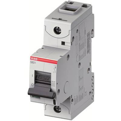 Un disjoncteur gris 'S801' avec une bande de marquage rouge et un levier noir pour l'interruption du circuit électrique.