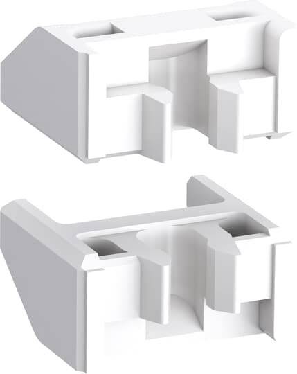Illustrations de deux pièces en plastique blanc avec des formes et des encoches spécifiques qui pourraient s'emboîter.