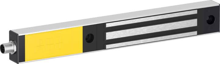 Un capteur magnétique métallique allongé avec des surfaces jaunes et noires, un connecteur étant situé sur un côté.