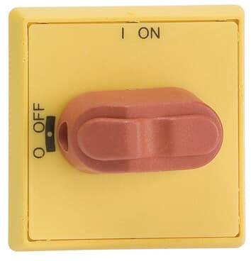 Interrupteur électrique jaune avec levier rouge. Inscriptions 'ON' et 'OFF'. Le levier est en position 'ON'.