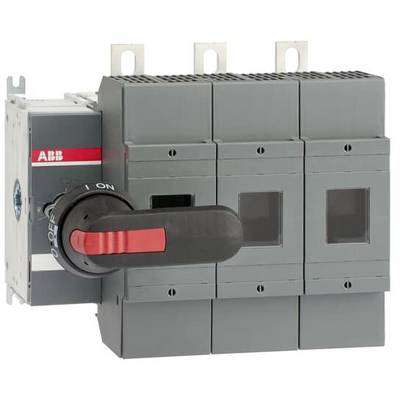 Un interrupteur électrique gris avec un levier rouge, marqué 'ON' et 'OFF', sur un fond blanc.