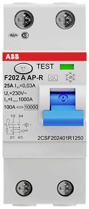 Un interrupteur de protection avec touche bleue et étiquette 'F202 A AP-R 25A IΔn=0,03A', tension 'Ue=230V'. Logo du fabricant en haut à gauche.