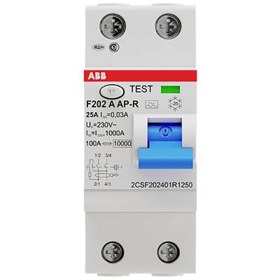 Un interrupteur de protection avec touche bleue et étiquette 'F202 A AP-R 25A IΔn=0,03A', tension 'Ue=230V'. Logo du fabricant en haut à gauche.