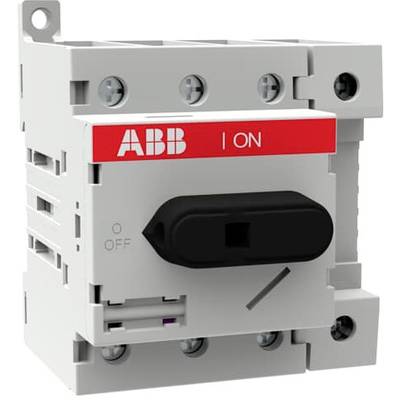Un disjoncteur gris avec une bande rouge portant l'inscription 'ABB I ON'. Le disjoncteur est réglé sur 'OFF'.
