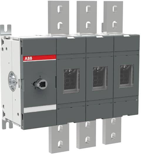 Un interrupteur gris ABB avec quatre interrupteurs à bascule verticaux et des détails rouges, monté avec des supports métalliques sur les côtés.