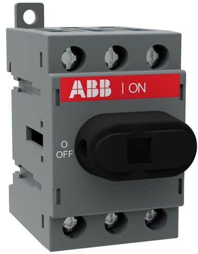 Un interrupteur gris ABB avec une étiquette rouge 'I ON' et en position '0 OFF', prêt à commander des circuits électriques.