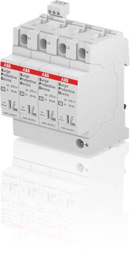 Dispositif de protection contre les surtensions à trois phases d'ABB, adapté à la protection contre les pics de tension dans les systèmes électriques.