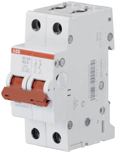 Un disjoncteur bipolaire avec levier rouge, 63 A. Développé pour la protection des circuits électriques dans les bâtiments.