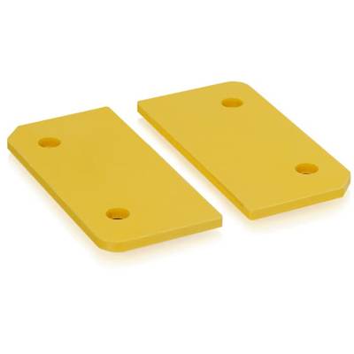 Deux plaques rectangulaires jaunes en plastique, chacune percée de deux trous, posées à plat et légèrement décalées l'une par rapport à l'autre.