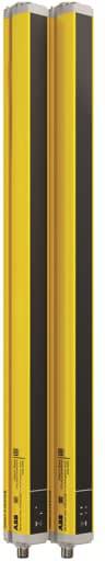 Deux barrières immatérielles de sécurité verticales jaune et noir. Elles assurent la protection dans les environnements industriels en détectant les mouvements.
