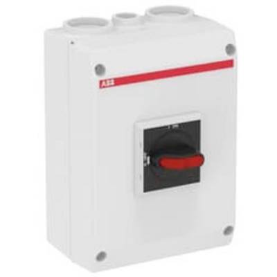 Un boîtier électrique rectangulaire blanc avec un commutateur rotatif rouge et un cadre gris, monté dans un boîtier avec trois entrées en haut.