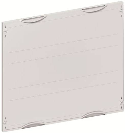 Plaque blanche carrée aux coins arrondis avec des enfoncements arrondis à chaque angle. Elle présente des lignes horizontales parallèles.