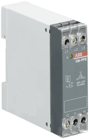 Appareil industriel de type ABB CM-PFE avec bornes L1, L2, L3, adapté pour 208-440V, 50/60Hz. Utilisé dans les systèmes électriques.