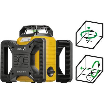Un laser jaune LAR-160-G avec un niveau à bulle rotatif ; deux diagrammes montrent les directions de rotation : une horizontale, une verticale.