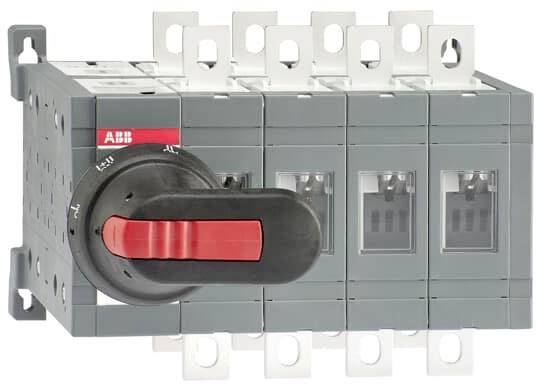 Un sectionneur gris avec une poignée rouge sur la face avant, utilisé dans des applications industrielles pour le contrôle des circuits électriques.