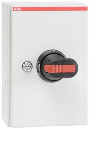 Boîtier électrique blanc avec un interrupteur rouge au centre, qui peut être basculé sur 'ON' et 'OFF'.