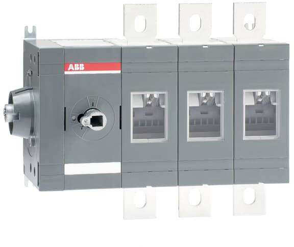 Interrupteur industriel dans un boîtier gris avec quatre modules de commutation verticaux, des connexions métalliques argentées et une poignée de rotation latérale.