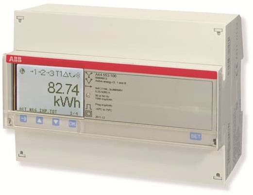 Un compteur électrique numérique affiche '82,74 kWh' sur un écran. L'appareil est doté de touches de commande.