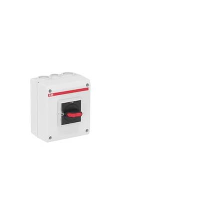Un interrupteur électrique avec une poignée rouge dans un boîtier blanc, monté sur un mur.