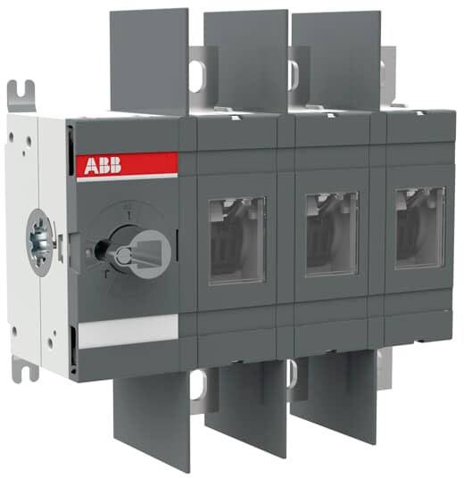 Sur l'image est représenté un sectionneur de charge multipolaire d'ABB. Il est composé de quatre modules gris avec un logo rouge et blanc et un commutateur rotatif.