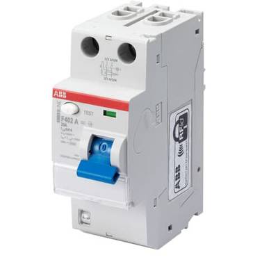 Disjoncteur différentiel avec verrouillage bleu et bouton de test. Couleur de boîtier blanche, adapté pour une utilisation dans les armoires électriques.