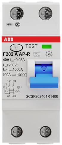 Un interrupteur différentiel bipolaire ABB avec un commutateur bleu, testé à 40A et 230V.