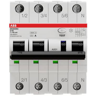 Un disjoncteur différentiel ABB de type DS203NC C10, U<sub>e</sub> 400V, I<sub>Δ</sub>n 30 mA, avec indicateur de déclenchement et bouton de test.