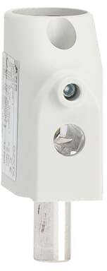 Composant électrique blanc avec boîtier cylindrique, contact métallique visible et connexion à vis intégrée.