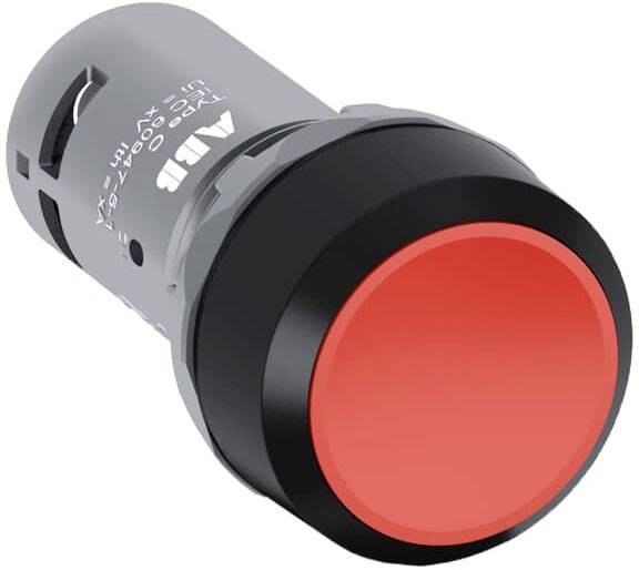 Un bouton-poussoir rouge pour la commande de machine, avec un bord noir, se détache sur un fond cylindrique gris clair.